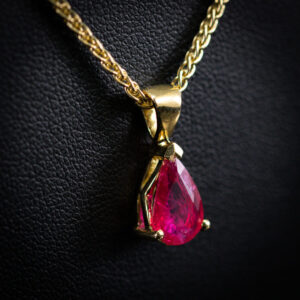 18ct Yellow Gold Pear Shaped 1.57ct Ruby Pendant. Bespoke Jewellery, Knights fine Jewellery - Stratford upon Avon